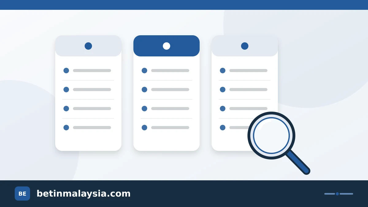 Three comparison columns and a magnifying glass